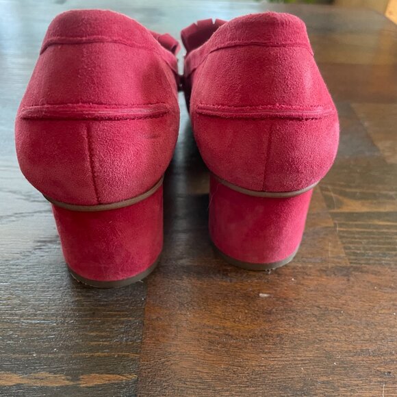Like NEW Franco Sarto Red Fringe Suede Leather Block Heels Loafers - Picture 6 of 10